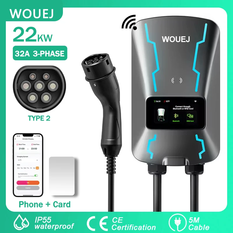 WOUEJ EV Charging Station Type 2 22KW 32A 3Phase Electric Vehicle Car Charger Wallbox with LCD Screen APP Control RFID Card