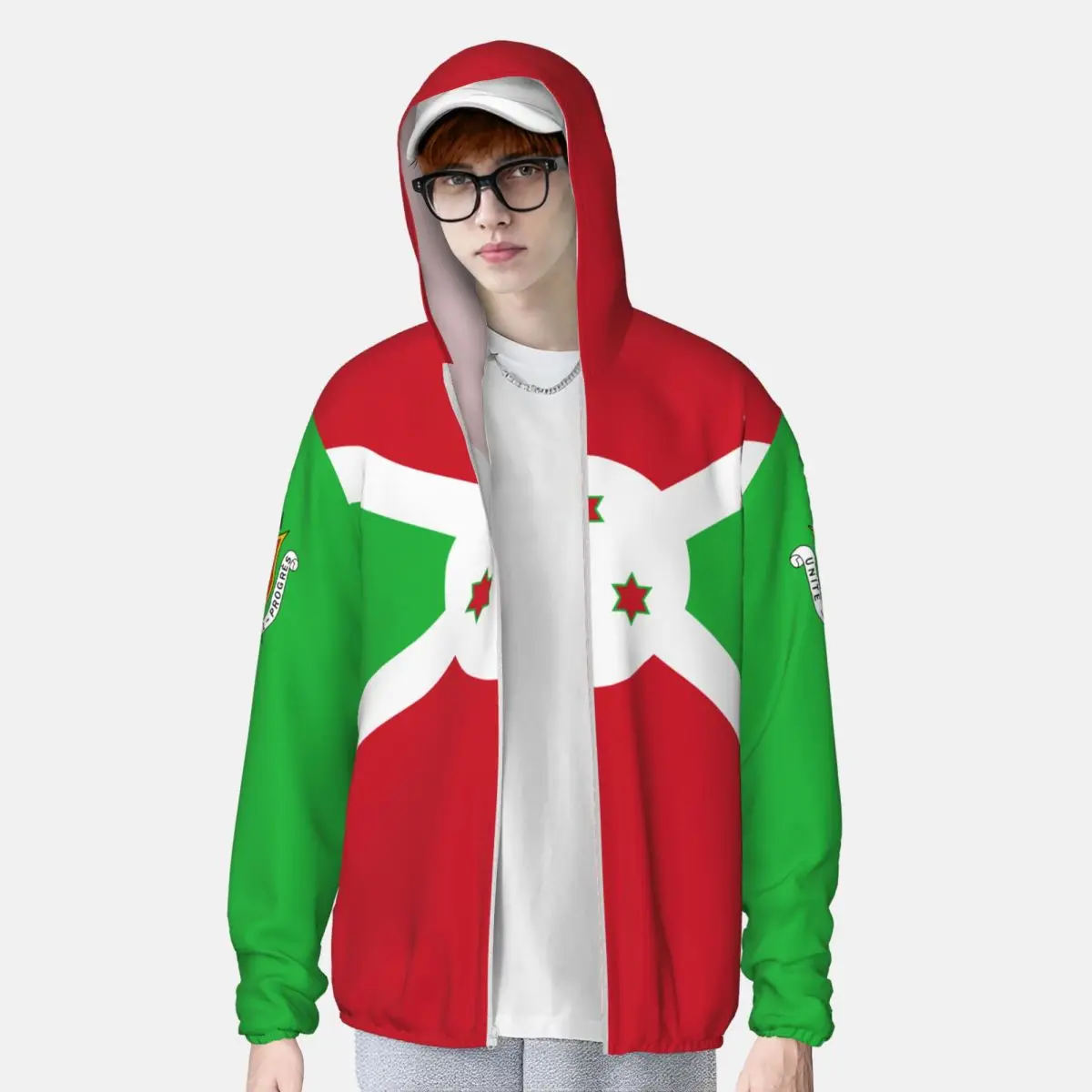 Burundi Flag Polyester Hoodie Sunscreen Sun Protection Fishing Running Clothes Quick Dry Performance Long Sleeve With Zipper