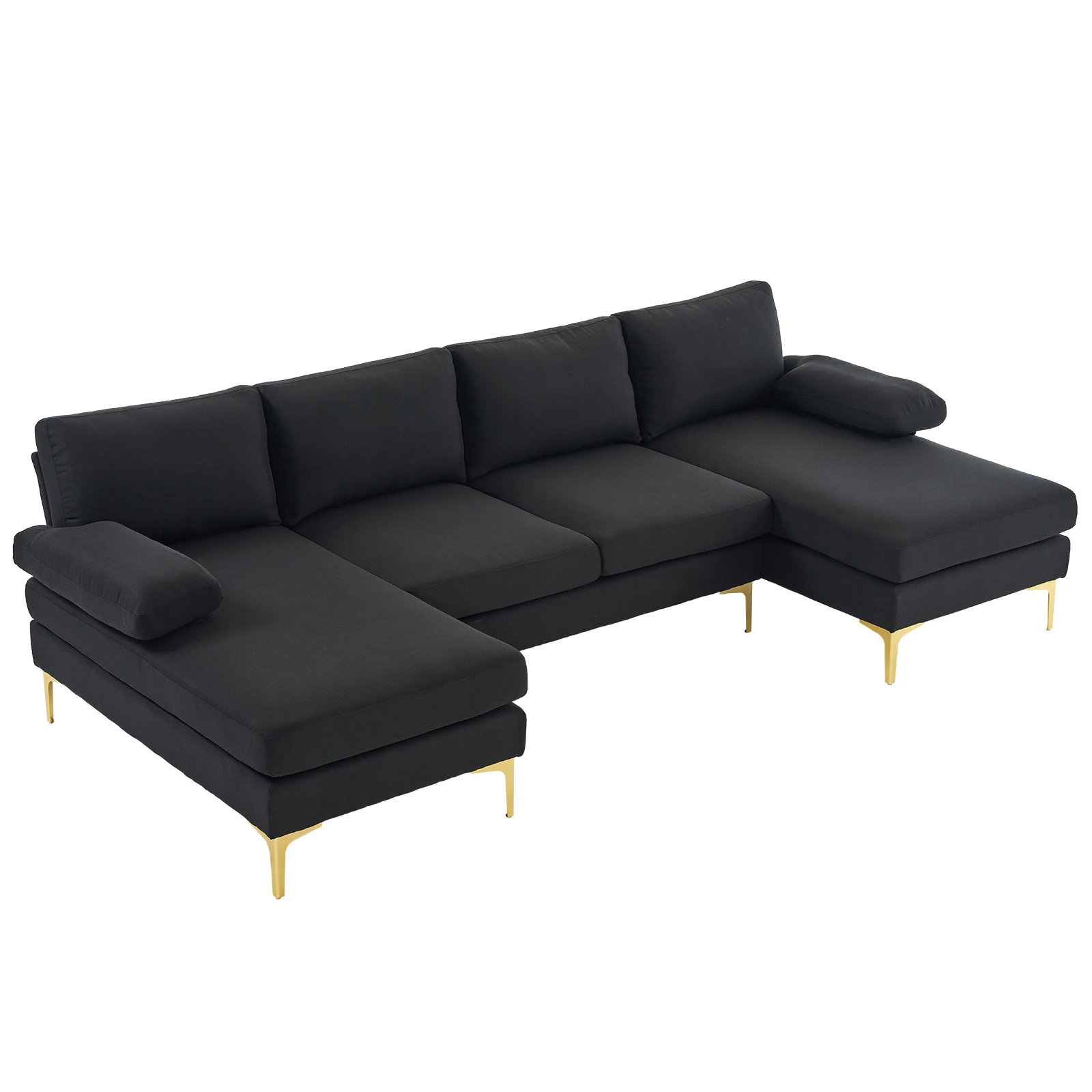 280*130*85 U-Shaped 4-Seat Linen Seat Frame Wooden Frame Back Iron Frame Golden Feet Indoor Modular Sofa Black