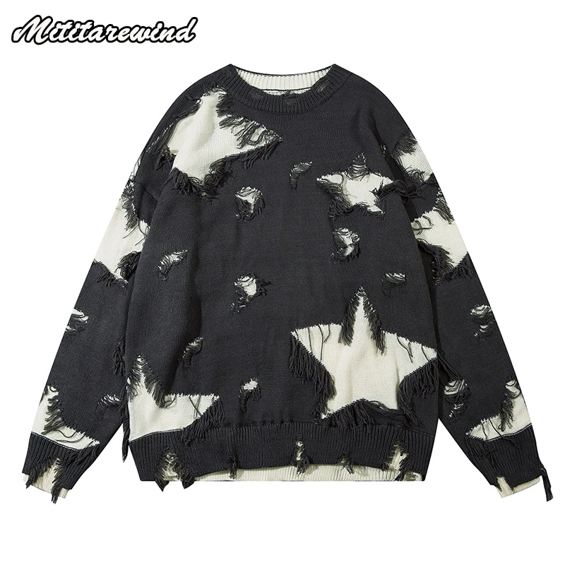 

Men's Sweater Y2k Vibe Stars Moustache Vintage Casual Pullovers Fashion Hole O-Neck Lazy Style Couple Clothing Autumn Youth