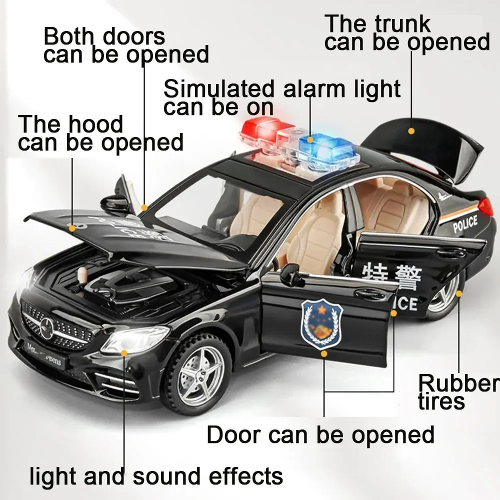 Metal Diecast Police Car Model Toy para crianças, simulação de liga, som e luz, puxar o veículo, modelos de carros, decoração, 1:32, C260