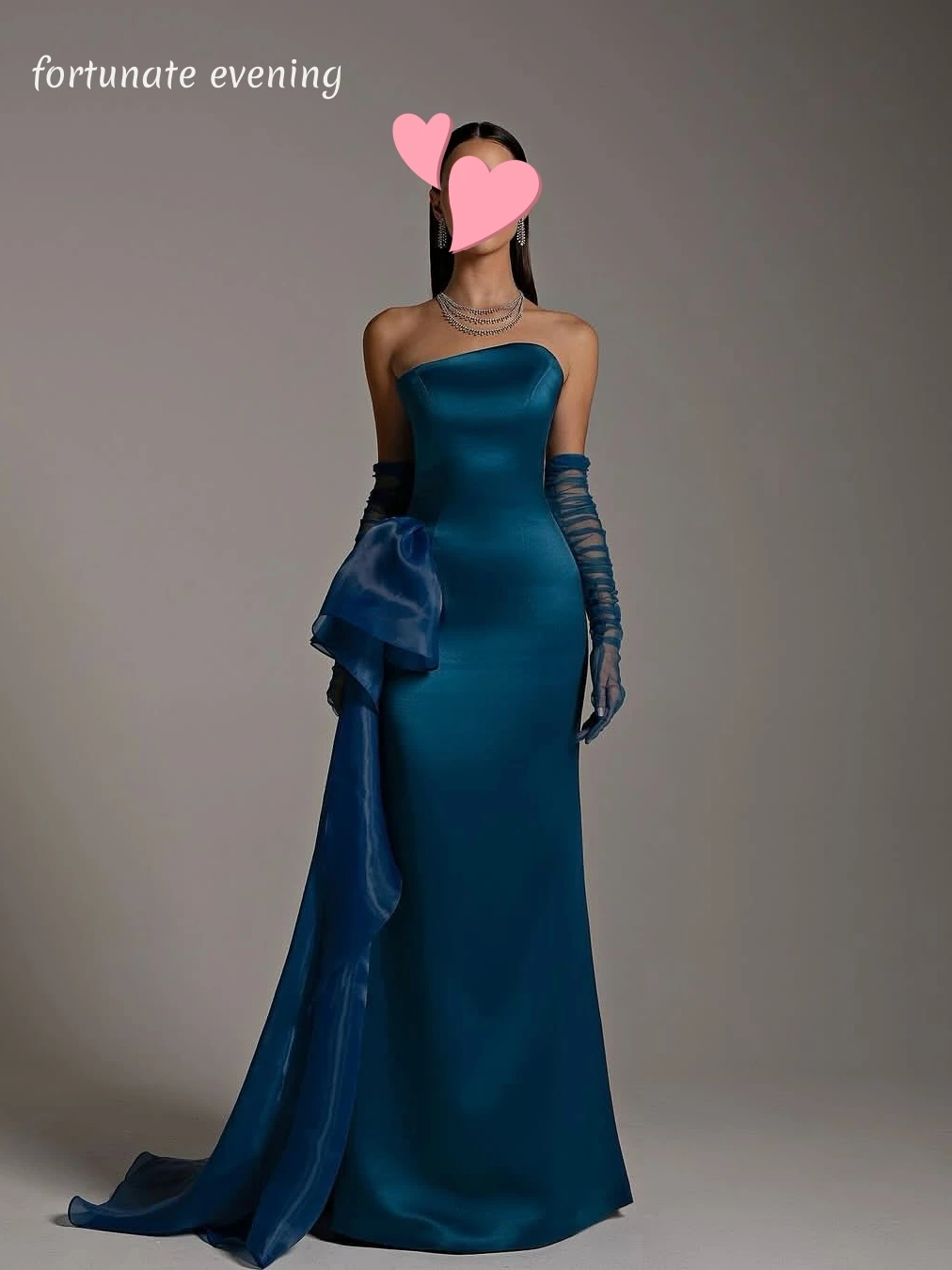 

Fortunate Evening Elegant Vintage Sweet Blue Satin Bow Mermaid Sleeves Customized Formal Occasion Prom Dress Evening Party Gowns