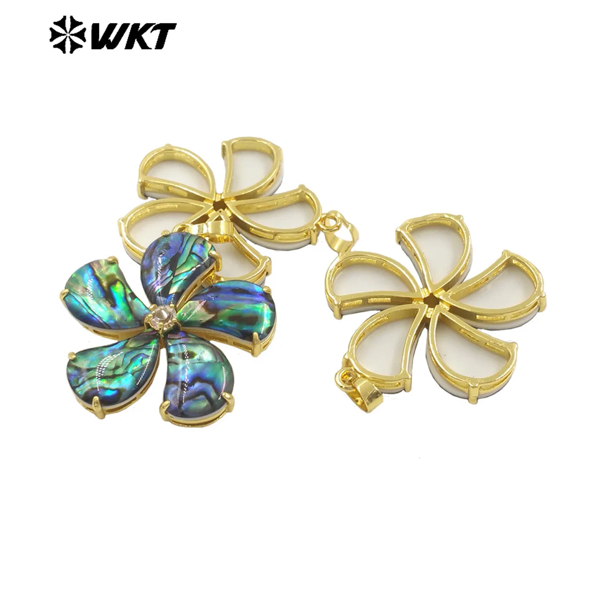 WT-JP403 Beautiful Fashion Gold Plated Flower Shape Pendant Natural Abalone Shell With Little Zircon For Ladies Jewelry Making