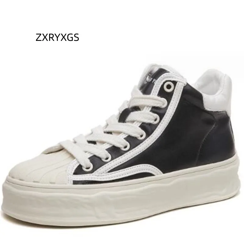 

ZXRYXGS Cross Strap High Top Sneakers Women Short Boots 2023 Autumn Genuine Leather Shoes Flat Platform Heightening Shoes Tide