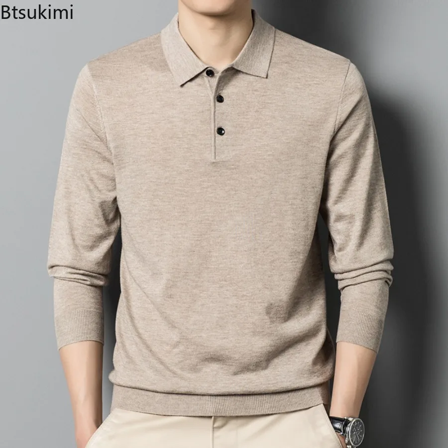 

2025 Classic High Quality Men's Autumn Long Sleeve Wool Blended Solid Color Lapel Polo Pullover Sweater Casual Basement Shirts