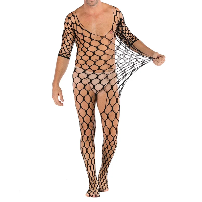 Men Sexy Tight Pantyhose See Through Body Stockings Bodysuit Underwear Jumpsuit Open Crotch Fishnet Bodystocking Gay Nightwear