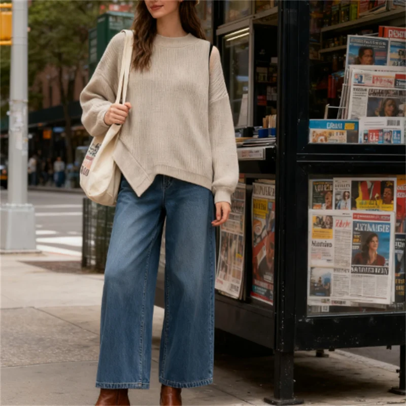 

Women's Sexy Irregular Knit Sweaters 025 Fall Fashion Trends Loose Fit Long Sleeve V-Neck Knitted Sweater for Casual Wear