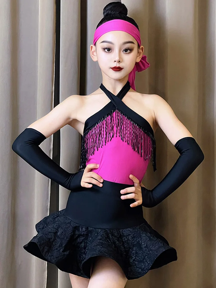 

2024 Latin Dance Clothes Girls Practice Performance Clothing Rose Pink Suit Cha Cha Rumba Fringe Dress Competition Wear DNV20797