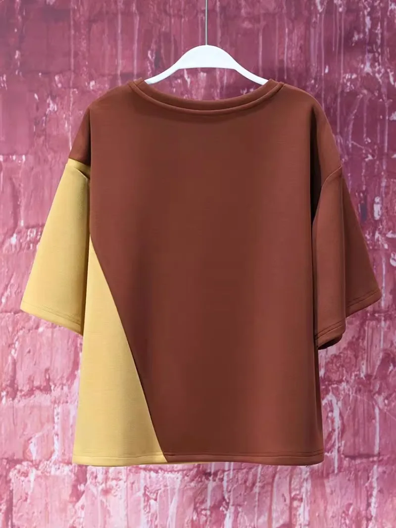 2025 European Haute Couture Fabric Irregular Mesh Design Niche Retro Color Matching T-shirt Age-reducing Short-sleeved Women
