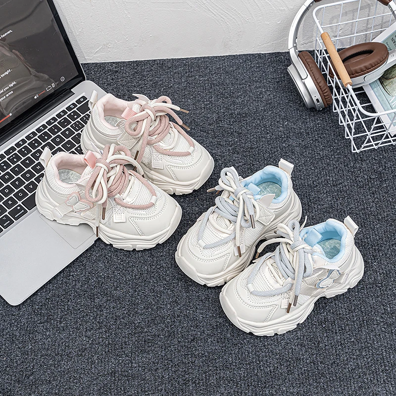 Little Girls Butterfly Mesh Chunky Sneakers, Lace‑Up & Magic‑Tape Strap Non‑Slip Thick Sole Casual Sports Shoes