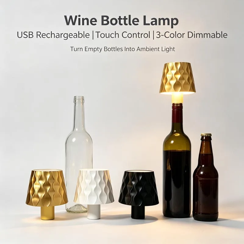 USB Rechargeable Wine Bottle Lamp Touch Control 3‑Color Dimmable LED Night Light Portable Bottle Top Ambient Light for Bar Home