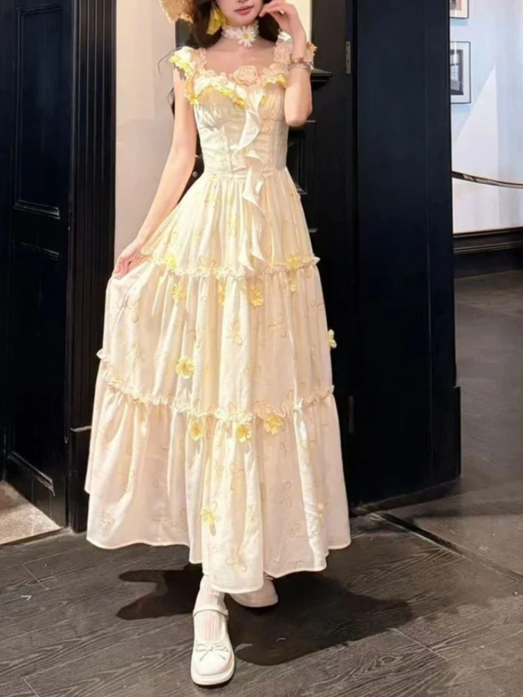 Kawaii Sweet Princess Cream Yellow Square Neck 3D Floral Ruffle Lace Tiered 2 Piece Set Maxi Dress Women Daily Party Outfit