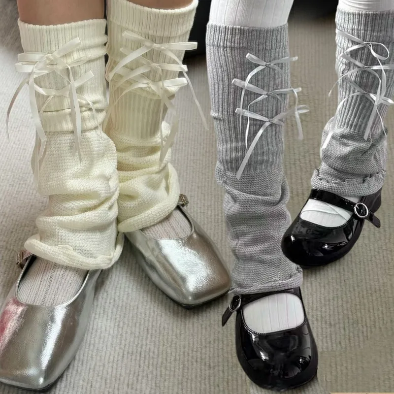 

Трехслойные гетры с бантом для женщин, расклешенные вязаные теплые чехлы для ног, гольфы с ворсом, носки, женские чулки для косплея