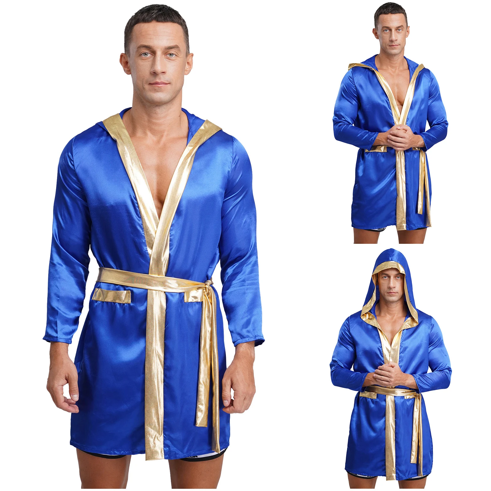 

Men's Boxing Competition Halloween Boxer Warrior Cosplay Costume Long Sleeve Shiny Satin Hooded Cloak with Belt for Boxing Tops