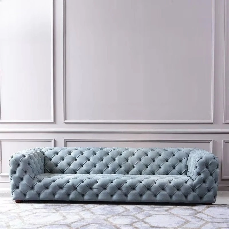 New design fabric sofa set, living room furniture Italian design blue, button tufted velvet simple sofa set