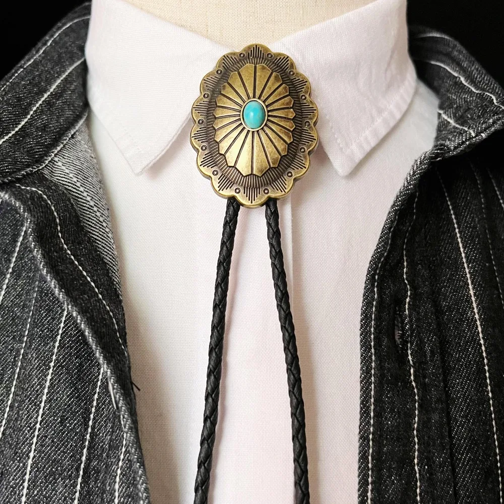 

PU Woven Rope Indian Western Cowboys Bolo Tie Ethnic Style Western Country Style Turquoise Bolo Tie Sweater Chain Vintage