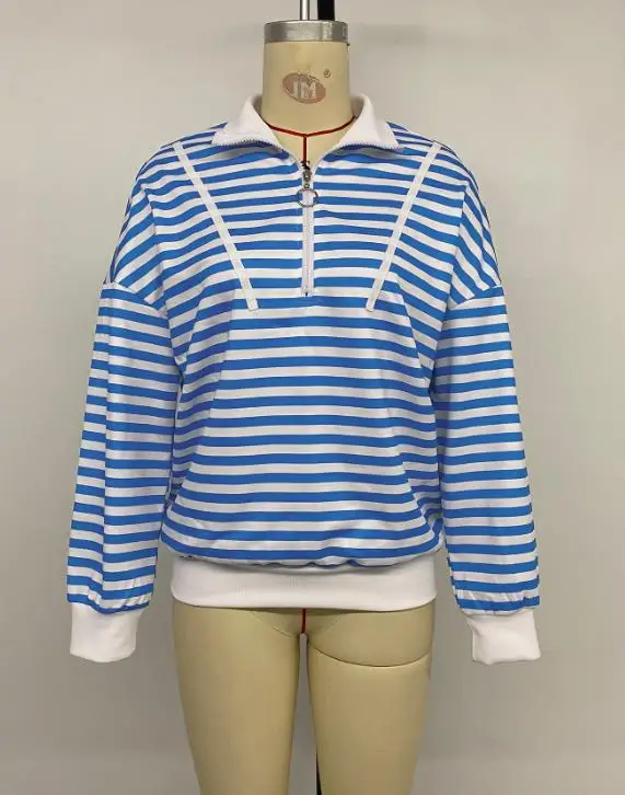 

Women's Sweatshirts 2026 Spring Autumn New Fashion Striped Loose Zipper Half Design Turn-Down Collar Long Sleeve Sweatshirts