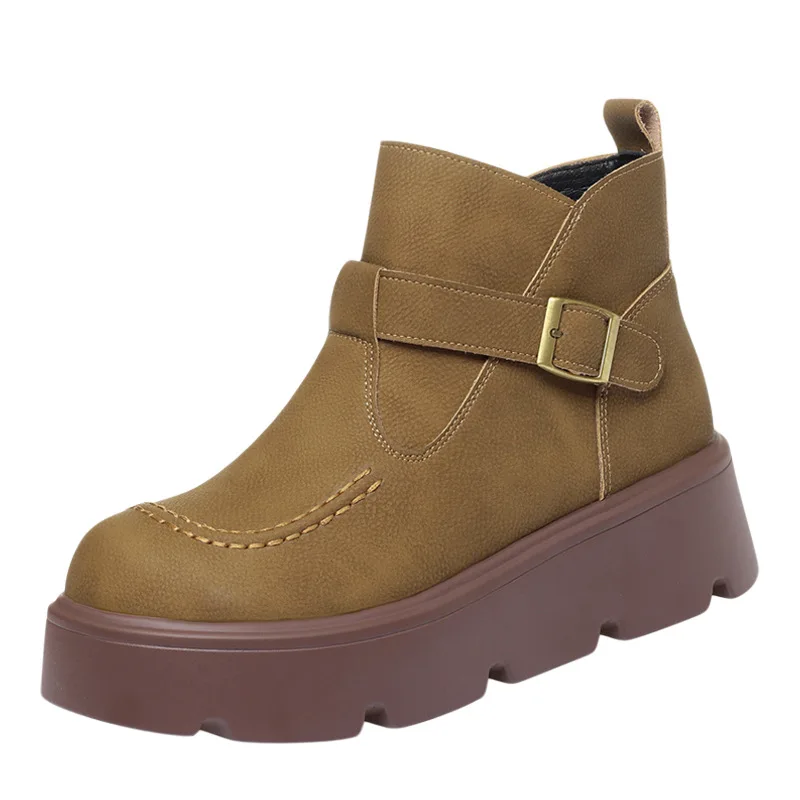 

5cm Comfortable Thick Bottom Flat Platform Shoes Winter Ankle Boots 2025 Women's Casual Soft Leather Fur Snow Boots Office Mom