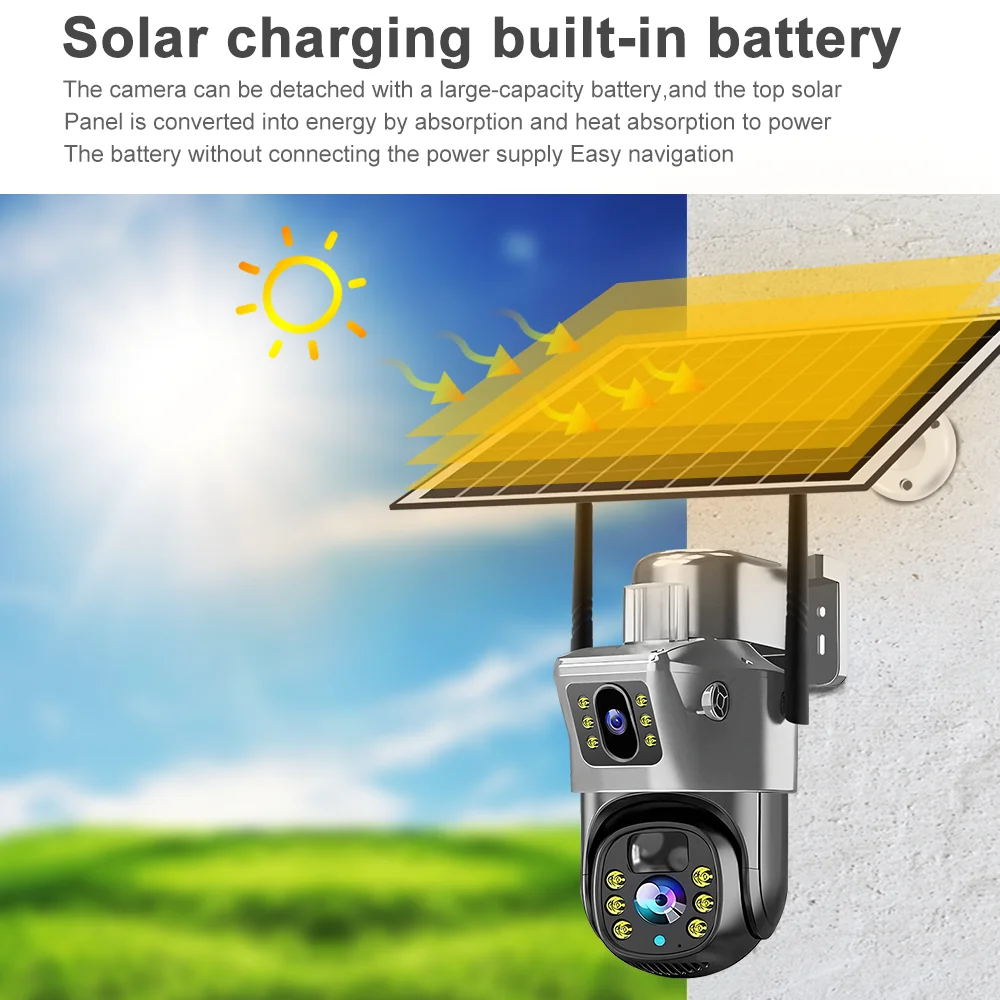 2k Solar Camera Outdoor Alarm Linkage Dual Lens Ptz Humanoid Tracking  Wireless Security Wifi Cctv Solar Camera