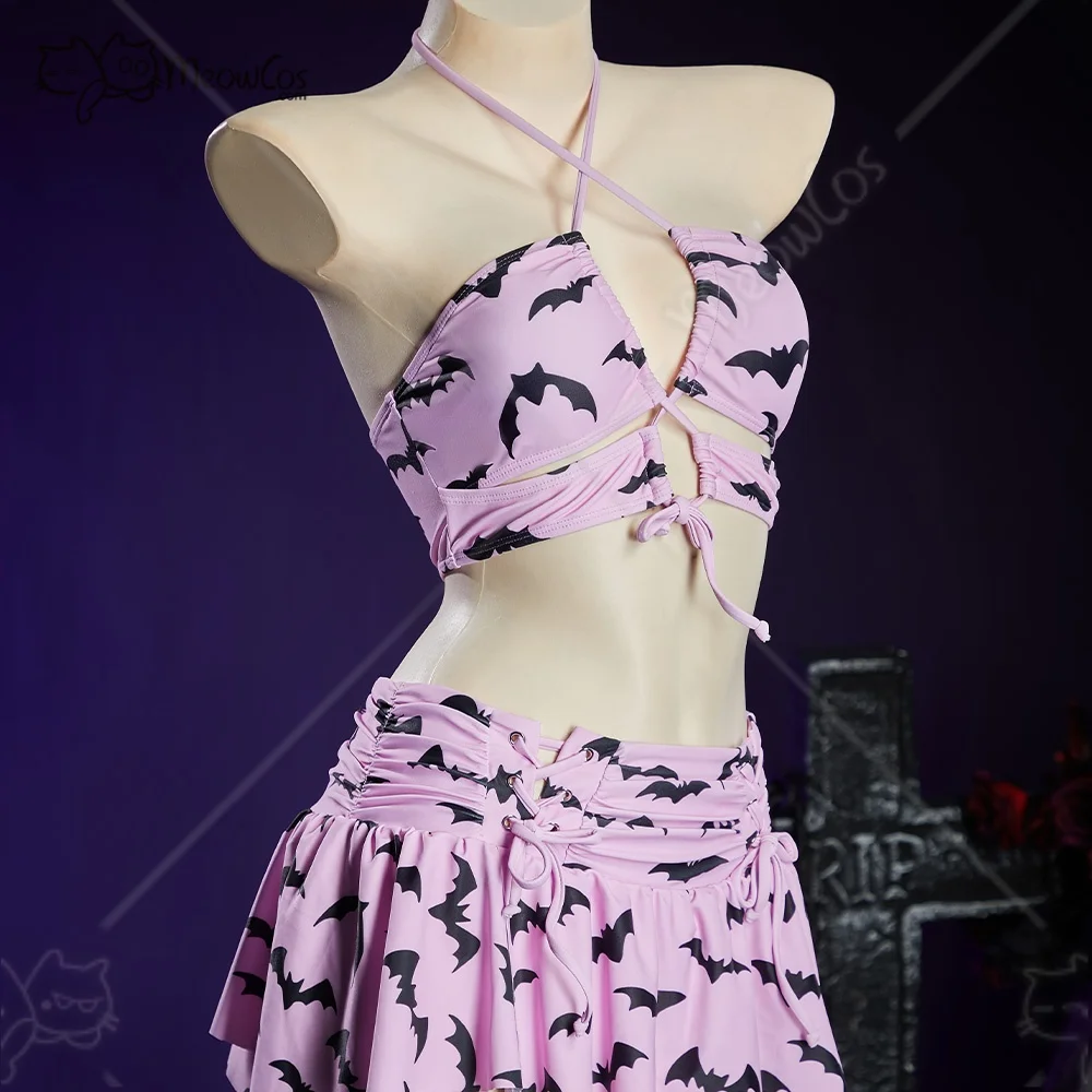 Meowcos.com Women's Gothic Bat Pink Swimwear Set Two-Piece Bathing Suit with Halter Top and Mini Skirt