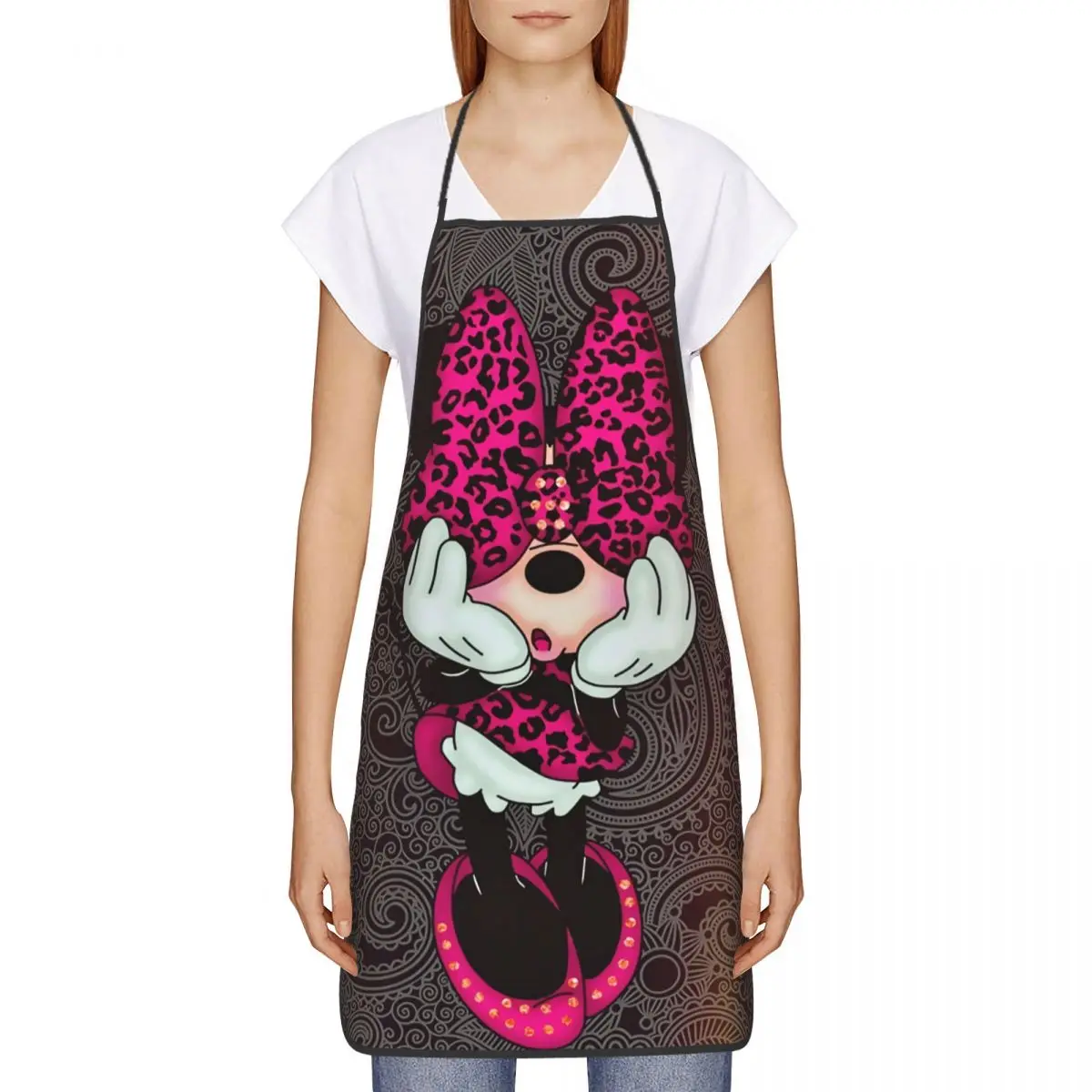 Custom Funny Minnie Mouse Polkadot Anime Bib Apron Women Men Unisex Kitchen Chef Tablier Cuisine for Cooking Baking Painting