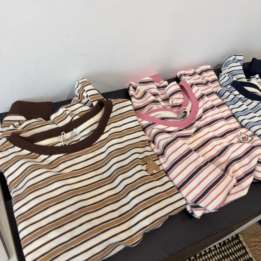Striped Round Neck Long Sleeve Loose T Shirt Women Slimming Casual Base Tee Top