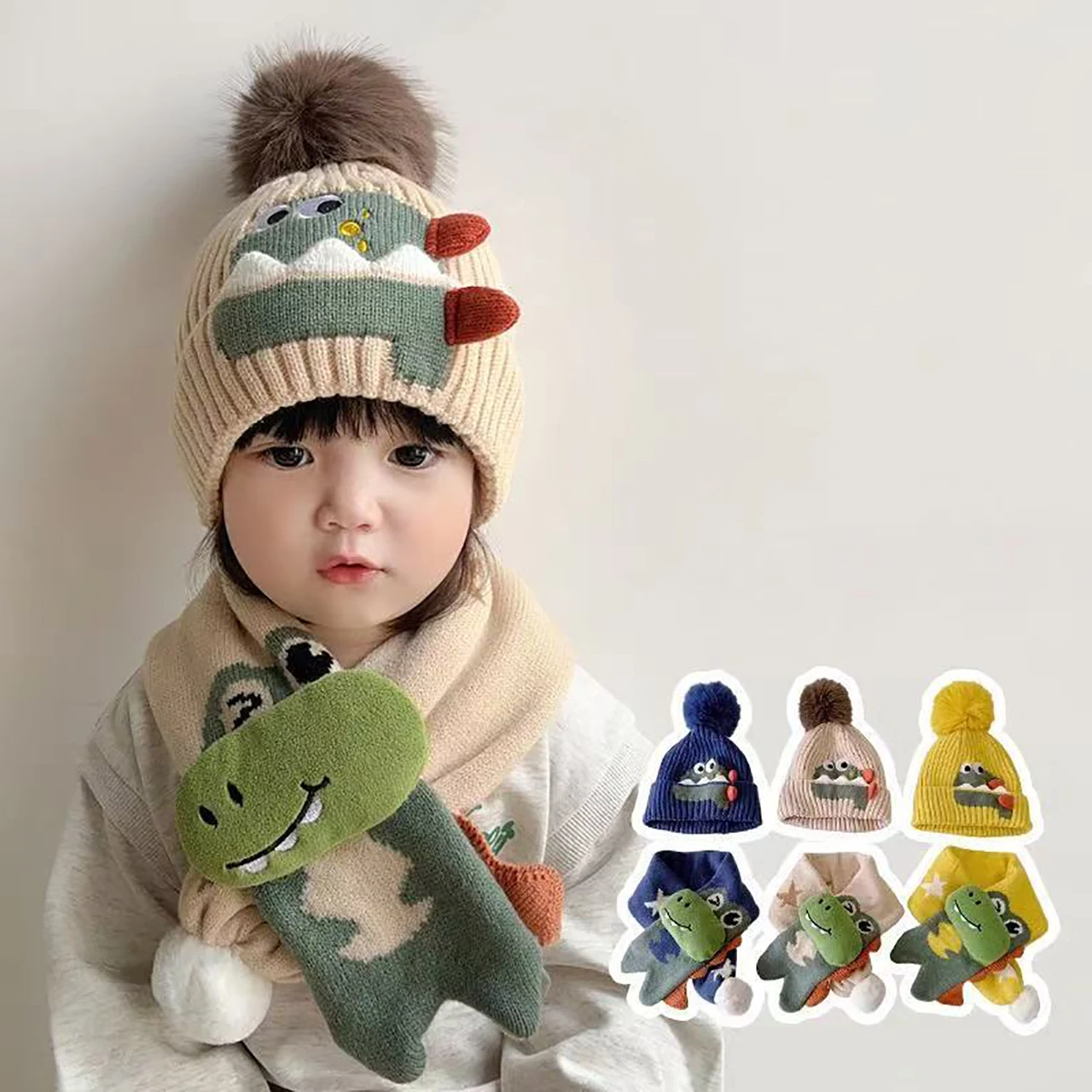 

﻿ Зимняя детская вязаная шапка, шарф, комплект, милые шапочки с лягушкой, шерстяной пуловер для мальчиков и девочек, толстый теплый детский шейный платок, От 0 до 4 лет