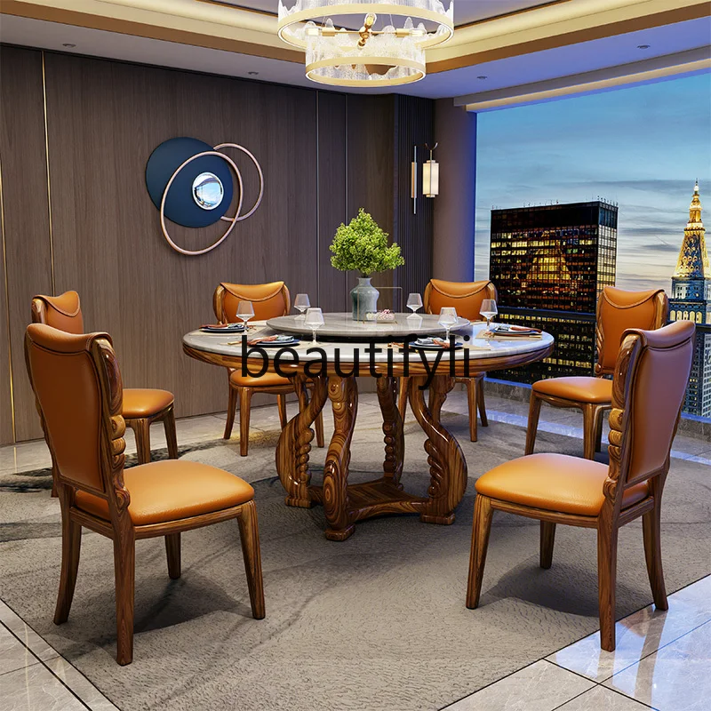 

New Chinese ebony marble table solid wood dining table and chairs for 6 people with turntable combination