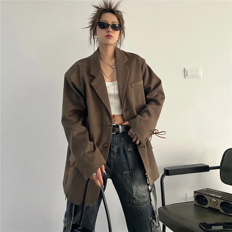 Coffee Color Faux Suede Jacket Casual Loose Spring Women Notched Collar Double-breasted Long Sleeve Female Blazers Streetwear