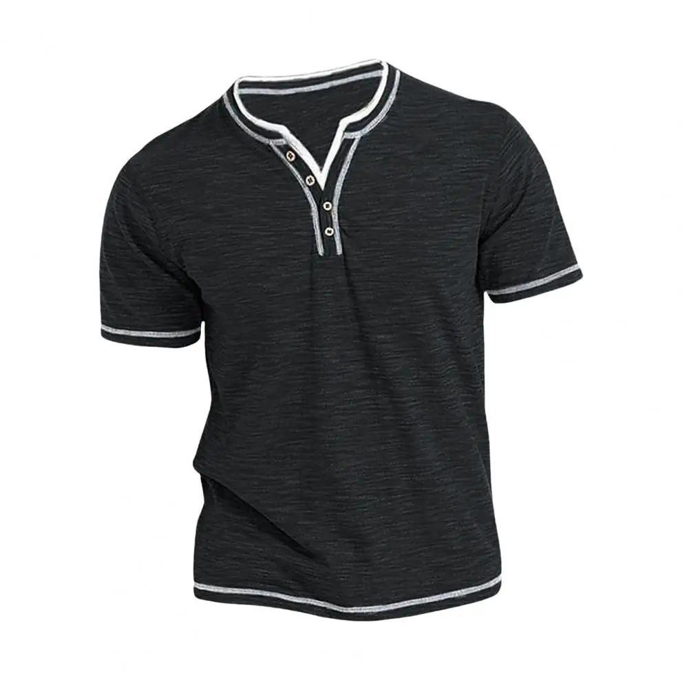 Men Summer Top Button V Neck Short Sleeves Soft Breathable Contrast Color Striped Casual Pullover Mid Length Daily T-shirt