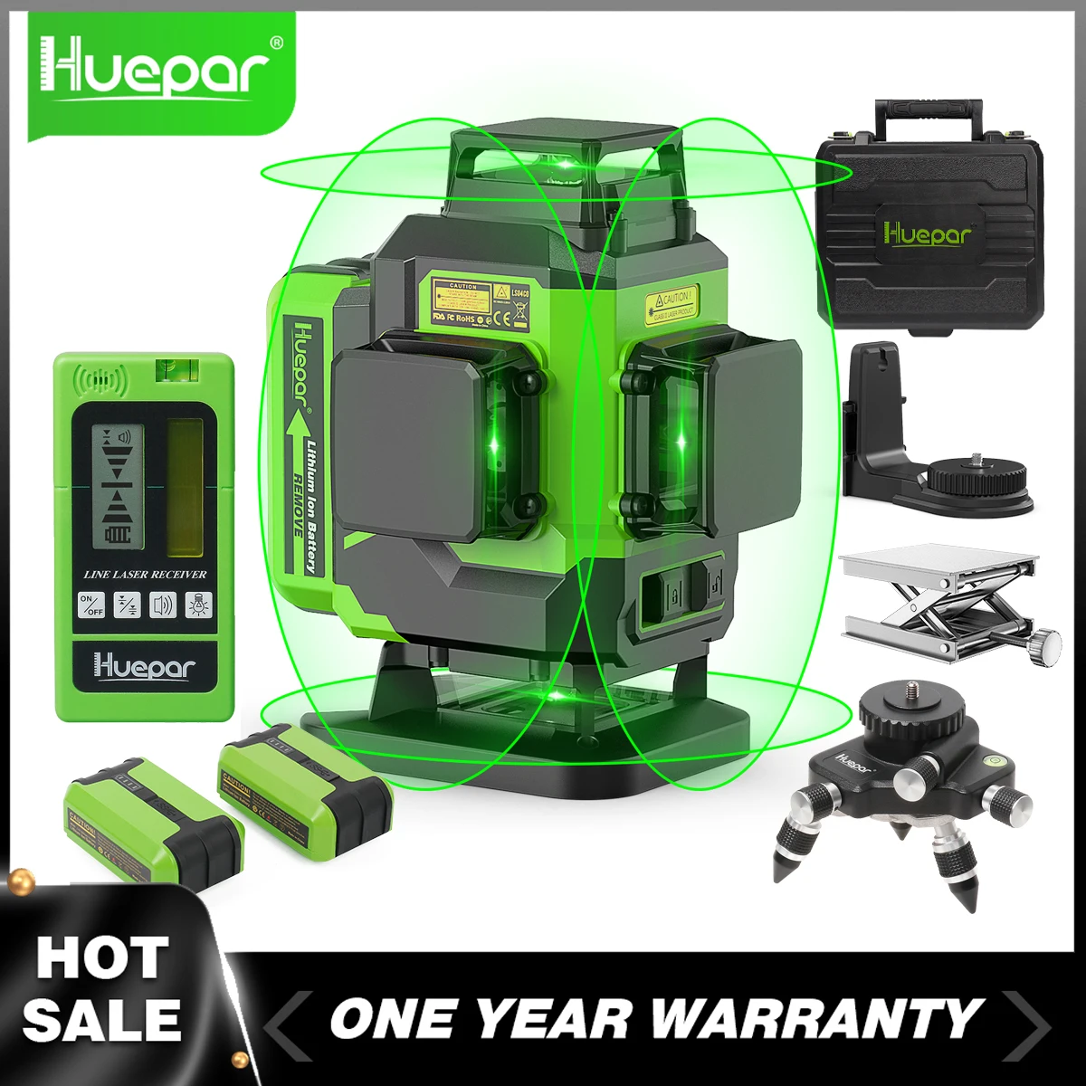 Huepar 4D مستوى الليزر الأخضر 16 خطوط التسوية الذاتية عبر خطوط أداة مستوى الليزر مجموعة مع بطارية احتياطية ومحول/كاشف الليزر