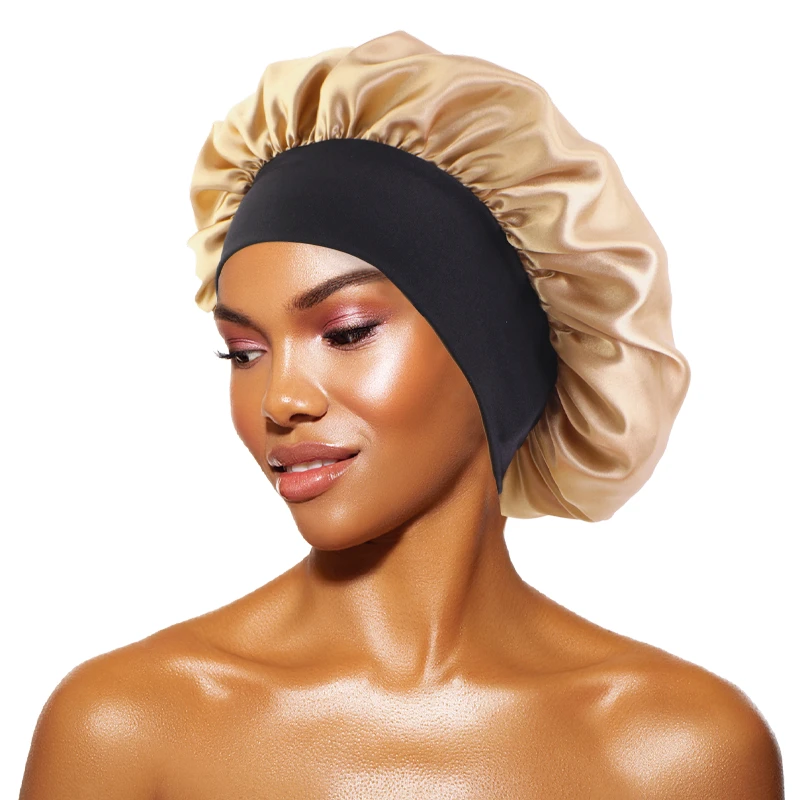 Women\'s Satin Solid Bonnets Wide-brimmed Night Sleeping Bathing Hat Unisex Head Wrap Elastic Band Cap Hair Care Bonnet