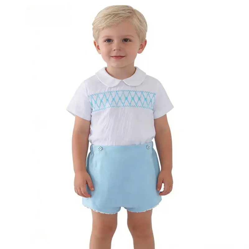 

Летний комплект одежды для мальчиков 2025 года, топ с короткими рукавами, шорты, милый повседневный костюм для дня рождения, одежда в испанском стиле для малышей