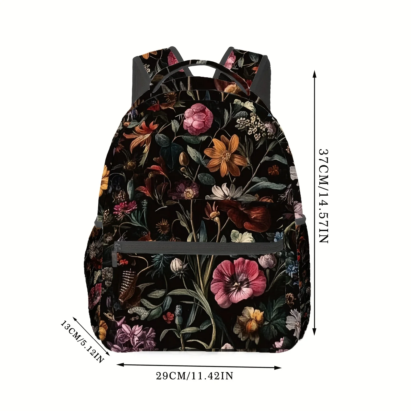 Vintage Floral Print Backpack Stylish Laptop Bag with Adjustable Straps Foldable Design Black Colorful Flower Pattern for School
