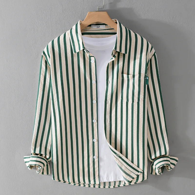 

Comfortable Men's Long Sve Striped Bubble Texture irt Spring Autumn Casual Sle Versatile Simple Design Youthful Faion