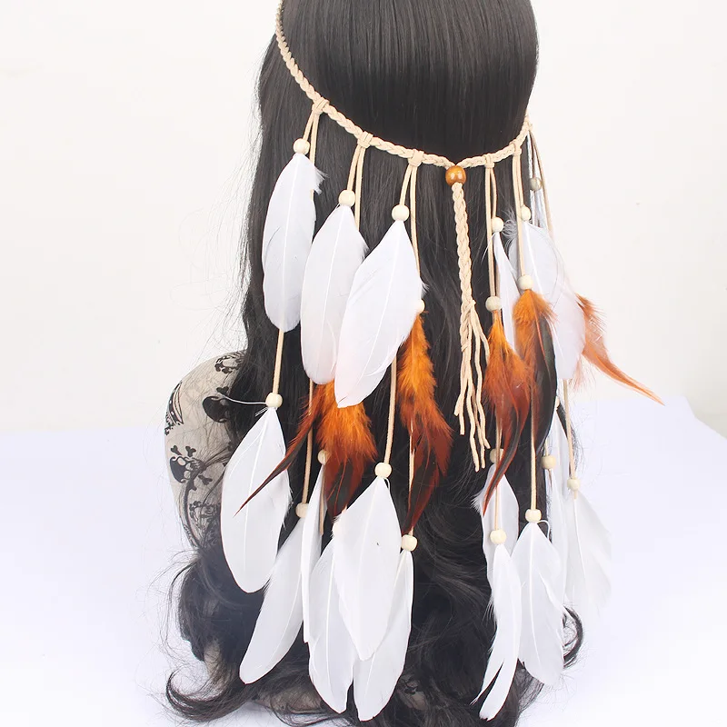 Fashion Boho Style Feather Headband Hairpiece Beads Feather Headdress Handmade Girls Hair Accessories High Quality