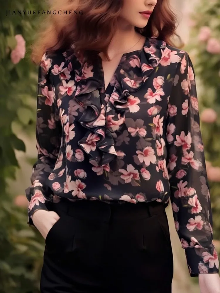 Ganzkörper-Chiffonbluse mit Blumendruck für Damen – Rüschen-Langarmshirt mit Rundhalsausschnitt, locker sitzendes, lässiges Oberteil für Frühling/Sommer