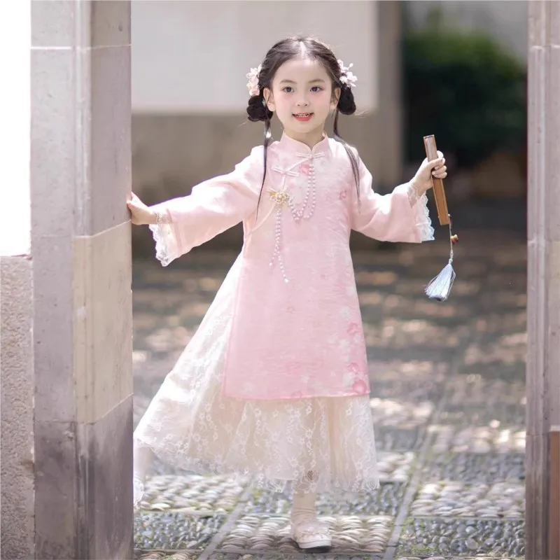 Girls' Spring/Summer Hanfu Skirt 2026 New Children's Chinese Tang Costume Cheongsam Skirt Kids' Ancient Long Sleeve Dress LJ630