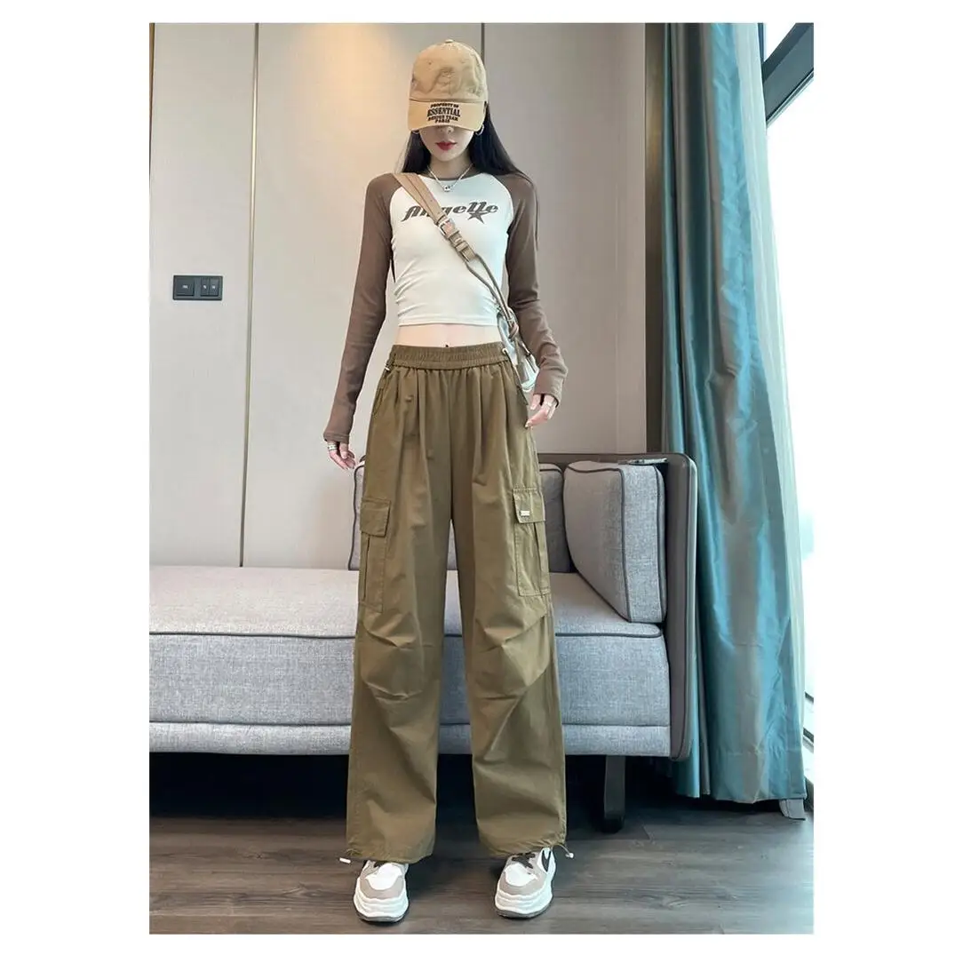 Ankela Red High Waist Workwear Pants Women's Fall 2024 New Small Size American Mountain Climbing Sports Pants Cuffed Pants