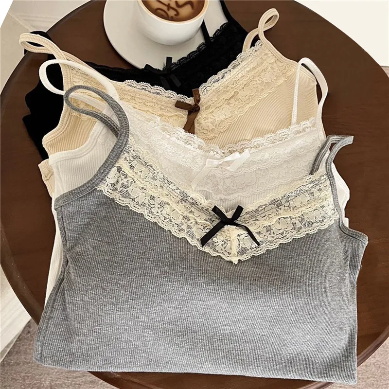 Female Sexy Slim Camisole For Women Knitted Crop Top Solid Color Lace Sling Tops Knitwear Tank Top Sweet Short Beau Back Top New