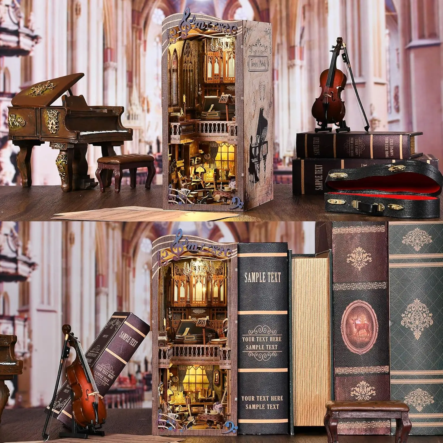 Timeless Melody DIY Miniature Dollhouse Music Kit 3D Wooden Puzzle Bookends Decorative Bookshelf Insert for Adults
