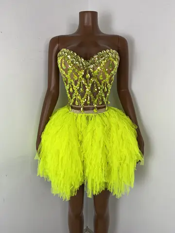 Kadın Straplez Elmas Neon Yeşil Dantel Bodycon Mini Etek Seti Doğum Günü Partisi Kostüm Bar Gece Kulübü Sahne Performansı Giyim