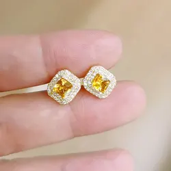 Sterling Silver Crystal Stud Earrings 5mm VVS Grade Natural Citrine Silver Earrings 925 Silver Citrine Jewelry