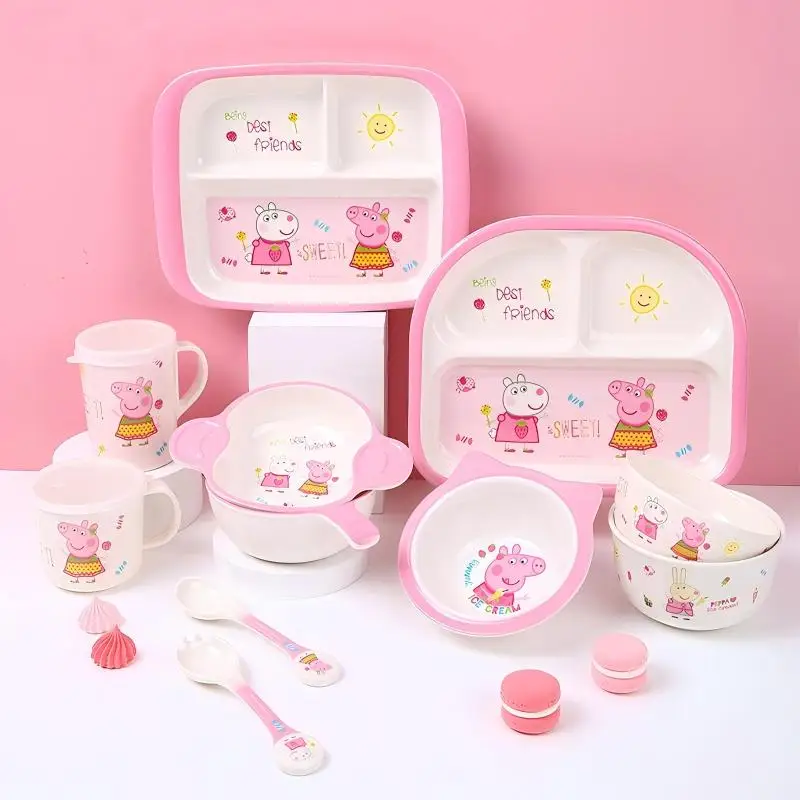 WUHE Peppa Pig Kids Toddler Melamine Bowls Spoon Tableware Set Gift, Unbreakable BPA-Free for Noodles Rice Dishwasher Safe