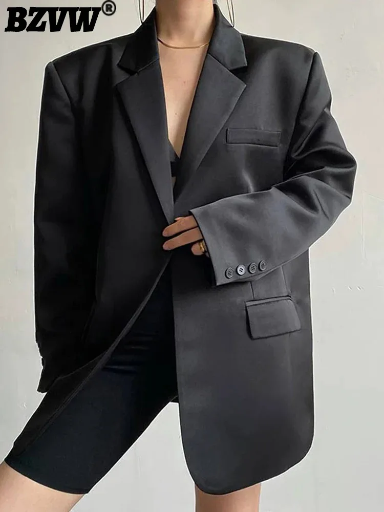 

BZVW Chic Black Blazer For Office Lady Notched Collar Long Sleeves Loose Korean Style Female Coat 2024 Summer New 25A103