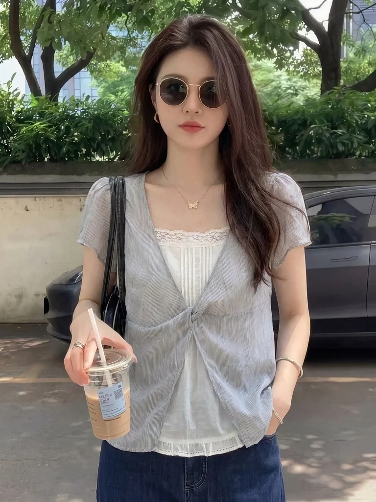 

Summer New Style Women's Short Sleeve Shirt Loose Fit Commute Fashion Korean Version Big Size Micro Fat MM Anti-Aging Top