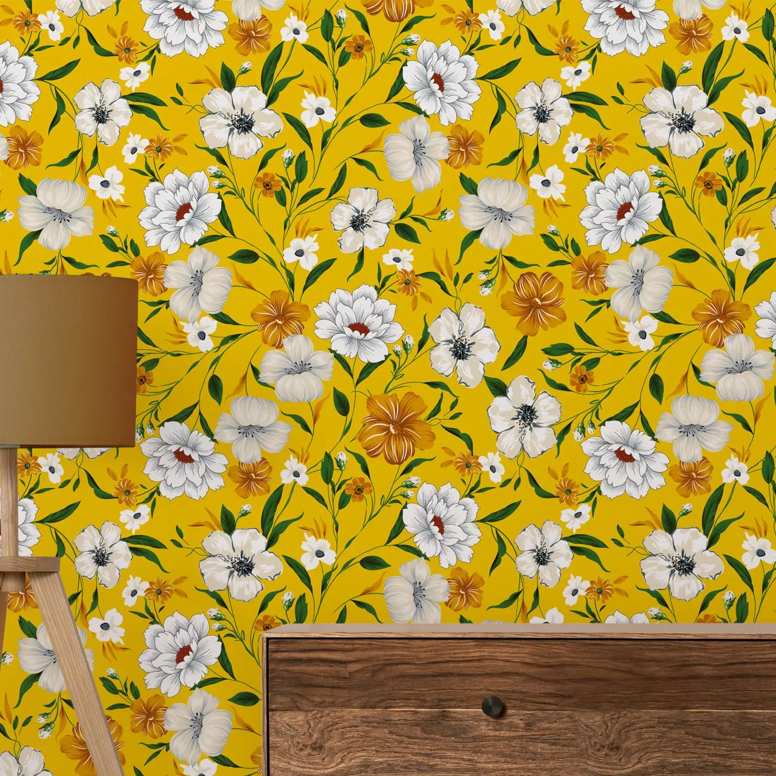 

Sweet Flower Watercolor Wallpaper Peel and Stick, Yellow Color Background Floral Wallpaper, White Flower Wall Mural Paper