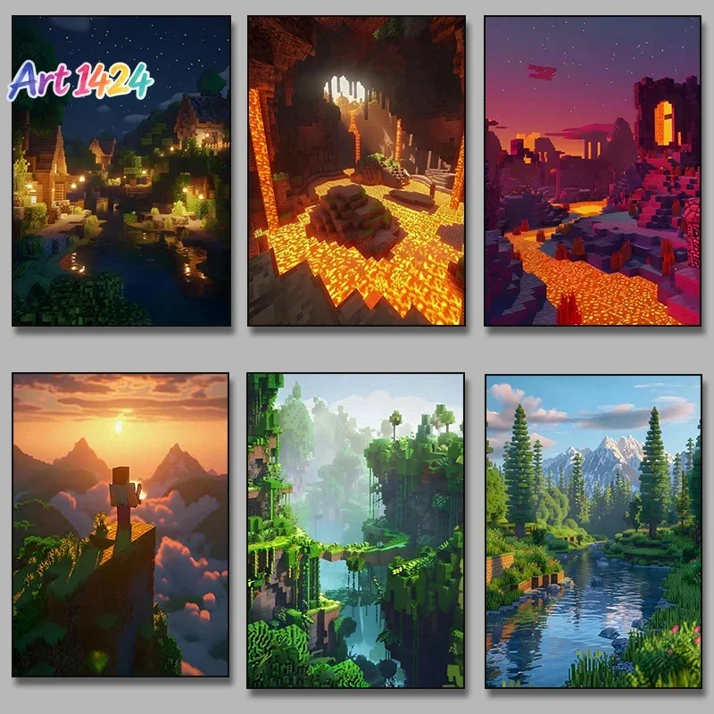 Block Pixel World Video Game Landscape Style Canvas Poster Painting Print Wall Art Picture for Living Room Home Decor Cuadros
