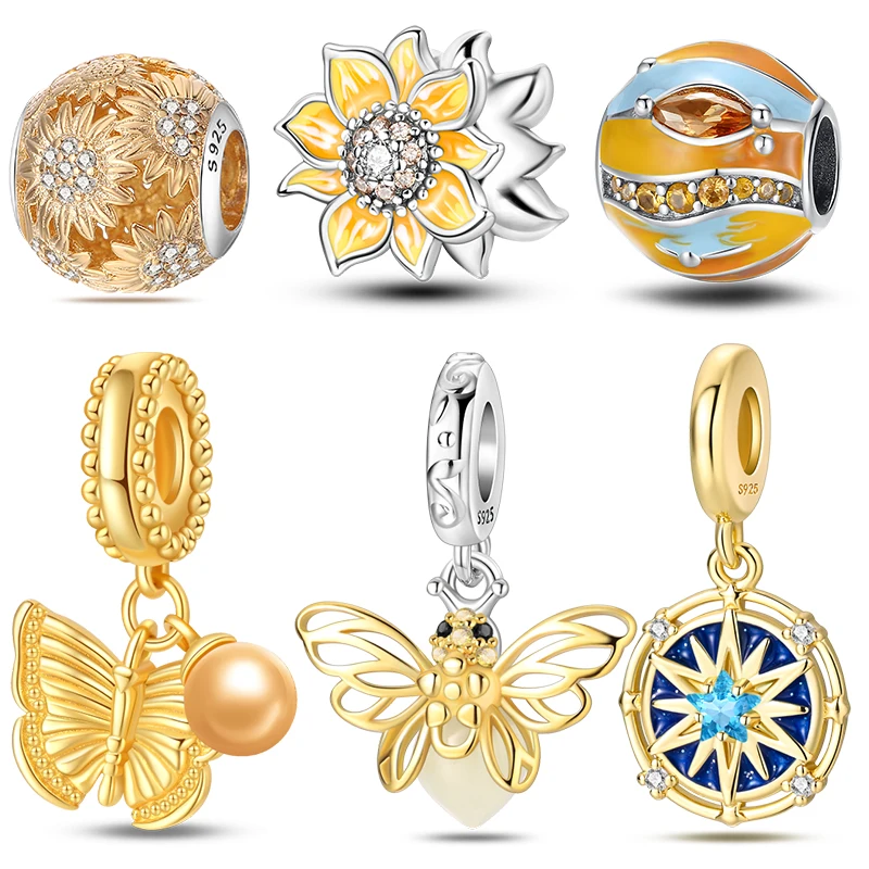 925 Silver Gemstone Universe Starry Sky Flower Gold Bead Pendant Suitable For Pan 925 Original Bracelet Diy Jewelry