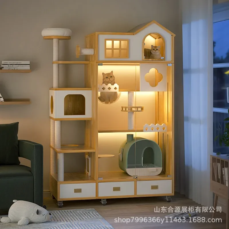 Large Three Layer Solid Wood Cat Cage Villa Multi Level Wooden Cat House Cabinet Nest for Big Cats Household Pet Furniture